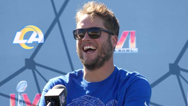 Feb 11, 2022; Thousand Oaks, CA, USA; Los Angeles Rams quarterback Matthew Stafford during press conference at Cal Lutheran University. Mandatory Credit: Kirby Lee-USA TODAY Sports
